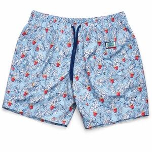 Party Sharks Swim Trunks Blue Red Cup Print Elastic Waist mens large